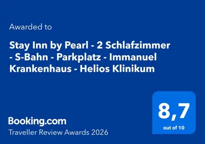 Ein Zertifikat, Auszeichnung, Logo oder anderes Dokument, das in der Unterkunft Stay Inn by Pearl - 2 Schlafzimmer - S-Bahn - Parkplatz - Immanuel Krankenhaus - Helios Klinikum ausgestellt ist