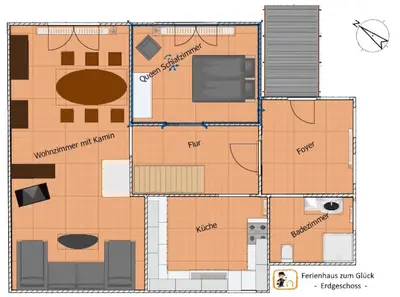 Grundriss der Unterkunft Ferienhaus zum Glück, mit Pool und Kamin