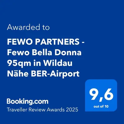 Ein Zertifikat, Auszeichnung, Logo oder anderes Dokument, das in der Unterkunft FEWO PARTNERS - Fewo Bella Donna 95qm in Wildau Nähe BER-Airport ausgestellt ist