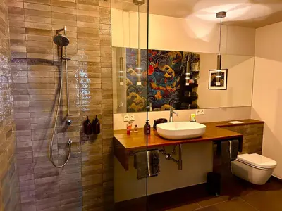 Ein Badezimmer in der Unterkunft bluestar apartments am Storkower See inkl Badesteg und Gartensauna