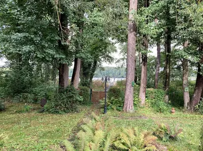 Ein Garten an der Unterkunft Gemütliches Ferienhaus am See, privater Steg, bei Berlin