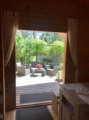 Ein Garten an der Unterkunft FEWO PARTNERS Haus Clemens - Gemütliches Holzhaus mit Grundstück nahe Badesee