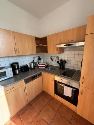 Küche/Küchenzeile in der Unterkunft Einraumapartment im Erdgeschoss mit Seeblick