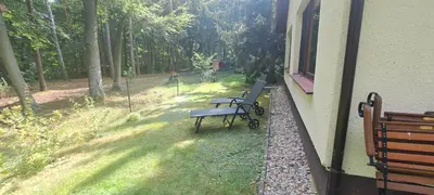 Ein Garten an der Unterkunft Ferienwohnung Am See mit kleinem Boot und 3er Kajak und 2 SUP