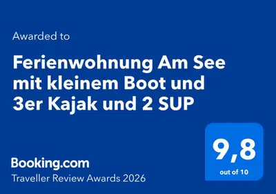 Ein Zertifikat, Auszeichnung, Logo oder anderes Dokument, das in der Unterkunft Ferienwohnung Am See mit kleinem Boot und 3er Kajak und 2 SUP ausgestellt ist