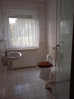 Ein Badezimmer in der Unterkunft Pension zur alten Weide im Oderbruch