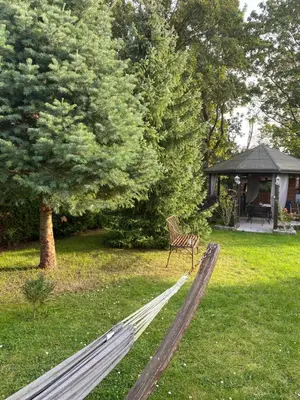 Ein Garten an der Unterkunft Ferienhaus am Feld nahe Berlin