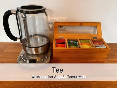Kaffee-/Teezubehör in der Unterkunft Familienfreundliches Apartment zwischen Potsdam und Berlin für 2-4 Personen - Parkplatz - Balkon - Voll ausgestattete Küche - WLAN - Ferienwohnung Nebelwiesen Stahnsdorf