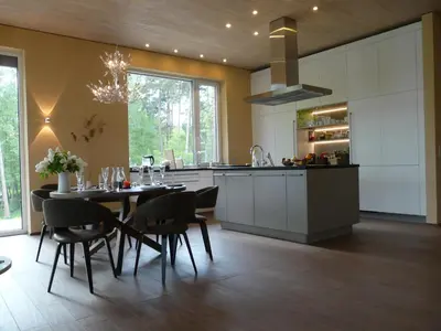Küche/Küchenzeile in der Unterkunft Luxus-Ferienhaus direkt am See, naturnaher Komfort in modernem Stil