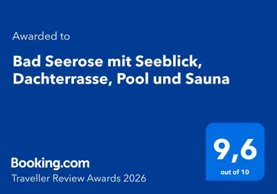 Ein Zertifikat, Auszeichnung, Logo oder anderes Dokument, das in der Unterkunft Bad Seerose mit Seeblick, Dachterrasse, Pool und Sauna ausgestellt ist