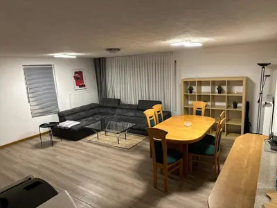 Ein Sitzbereich in der Unterkunft Ferienhaus nahe Berlin Bungalow mit Kamin