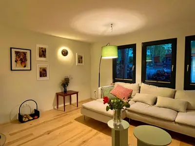 Ein Sitzbereich in der Unterkunft Haus 1 am Grimnitzsee - erstklassiges Design, mit eigenem Garten und nah am See