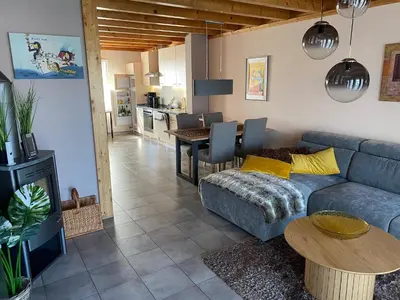Ein Sitzbereich in der Unterkunft Ferienhaus Leuchtturmblick Hafendorf Rheinsberg