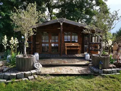 Ein Garten an der Unterkunft Holzhaus