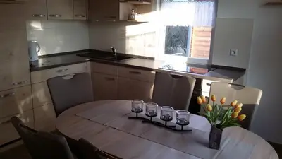 Küche/Küchenzeile in der Unterkunft Spreewaldhäuser Golinski mit Kamin am Neuendorfer See