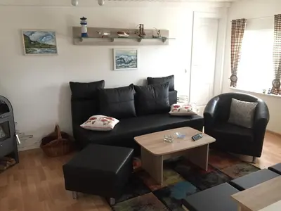Ein Sitzbereich in der Unterkunft Bungalow am Schwielochsee