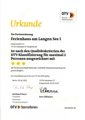 Ein Zertifikat, Auszeichnung, Logo oder anderes Dokument, das in der Unterkunft Ferienhaus am Langen See ausgestellt ist