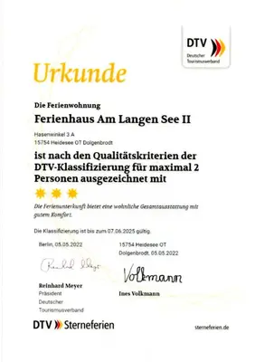 Ein Zertifikat, Auszeichnung, Logo oder anderes Dokument, das in der Unterkunft Ferienhaus am Langen See II ausgestellt ist