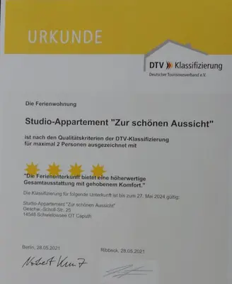 Ein Zertifikat, Auszeichnung, Logo oder anderes Dokument, das in der Unterkunft Zur Schönen Aussicht ausgestellt ist