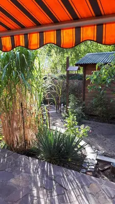 Ein Garten an der Unterkunft Ferienwohnung Birkenwerder bei Berlin mit Terrasse und kleinem Garten