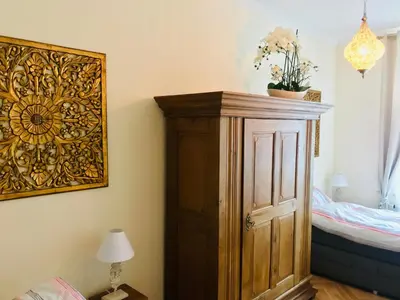Ein Bett oder Betten in einem Zimmer der Unterkunft Mediterrane Luxusferienwohnung 5, Berlin- Köpenick, Am Müggelsee