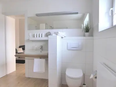 Ein Badezimmer in der Unterkunft Ferienwohnungen 'An der Schlossinsel' mit Wasserzugang