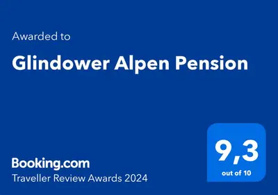 Ein Zertifikat, Auszeichnung, Logo oder anderes Dokument, das in der Unterkunft Glindower Alpen Pension ausgestellt ist