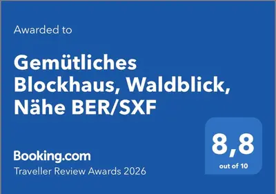 Ein Zertifikat, Auszeichnung, Logo oder anderes Dokument, das in der Unterkunft Gemütliches Blockhaus, Waldblick, Nähe BER/SXF ausgestellt ist