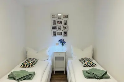 Ein Bett oder Betten in einem Zimmer der Unterkunft Ferienhaus Felix am Radweg im Naturschutzgebiet