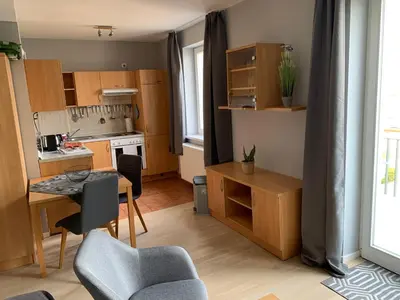 Küche/Küchenzeile in der Unterkunft Einraumapartment mit Seeblickbalkon